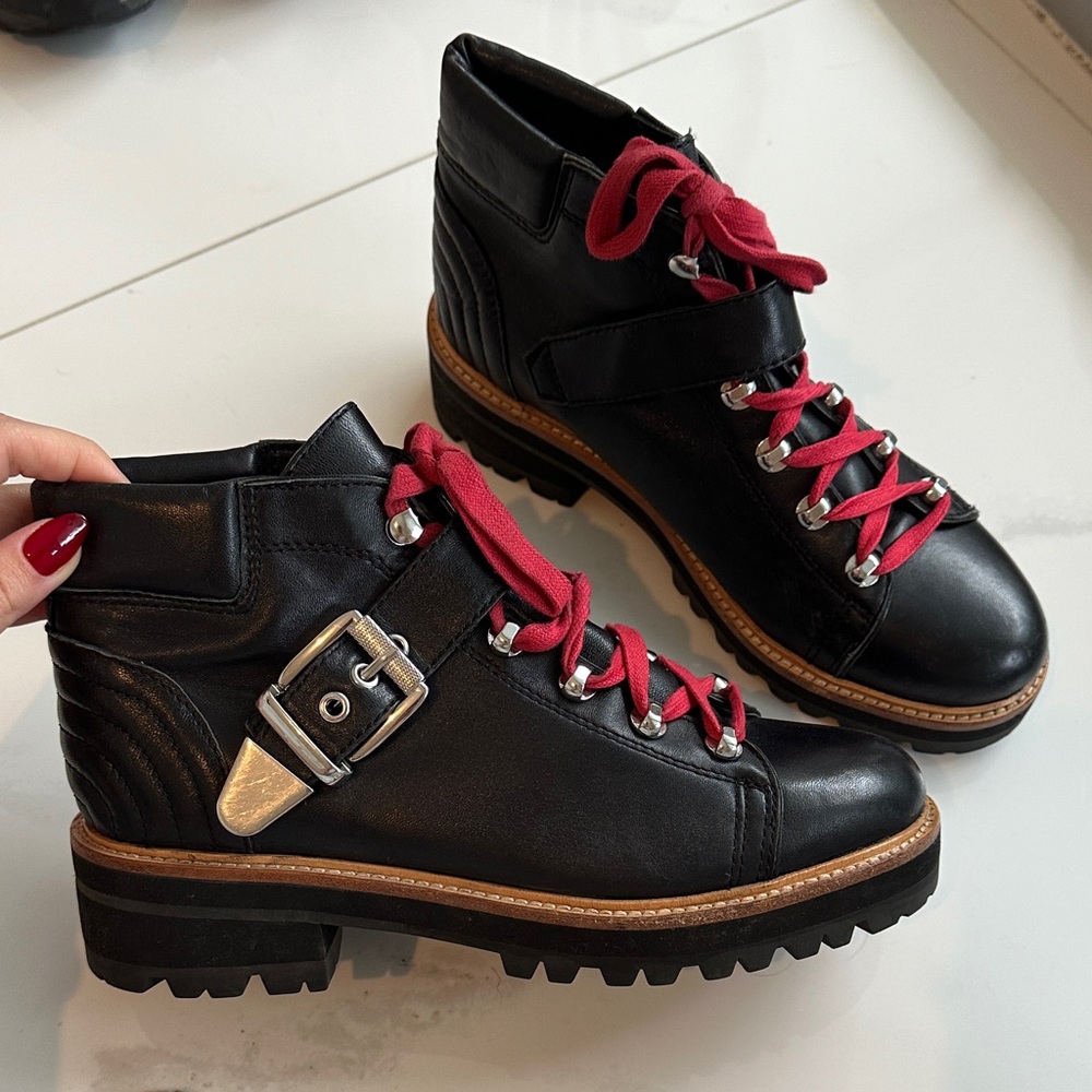 Marc Fisher Black Leather Ankle Boots with Red Laces